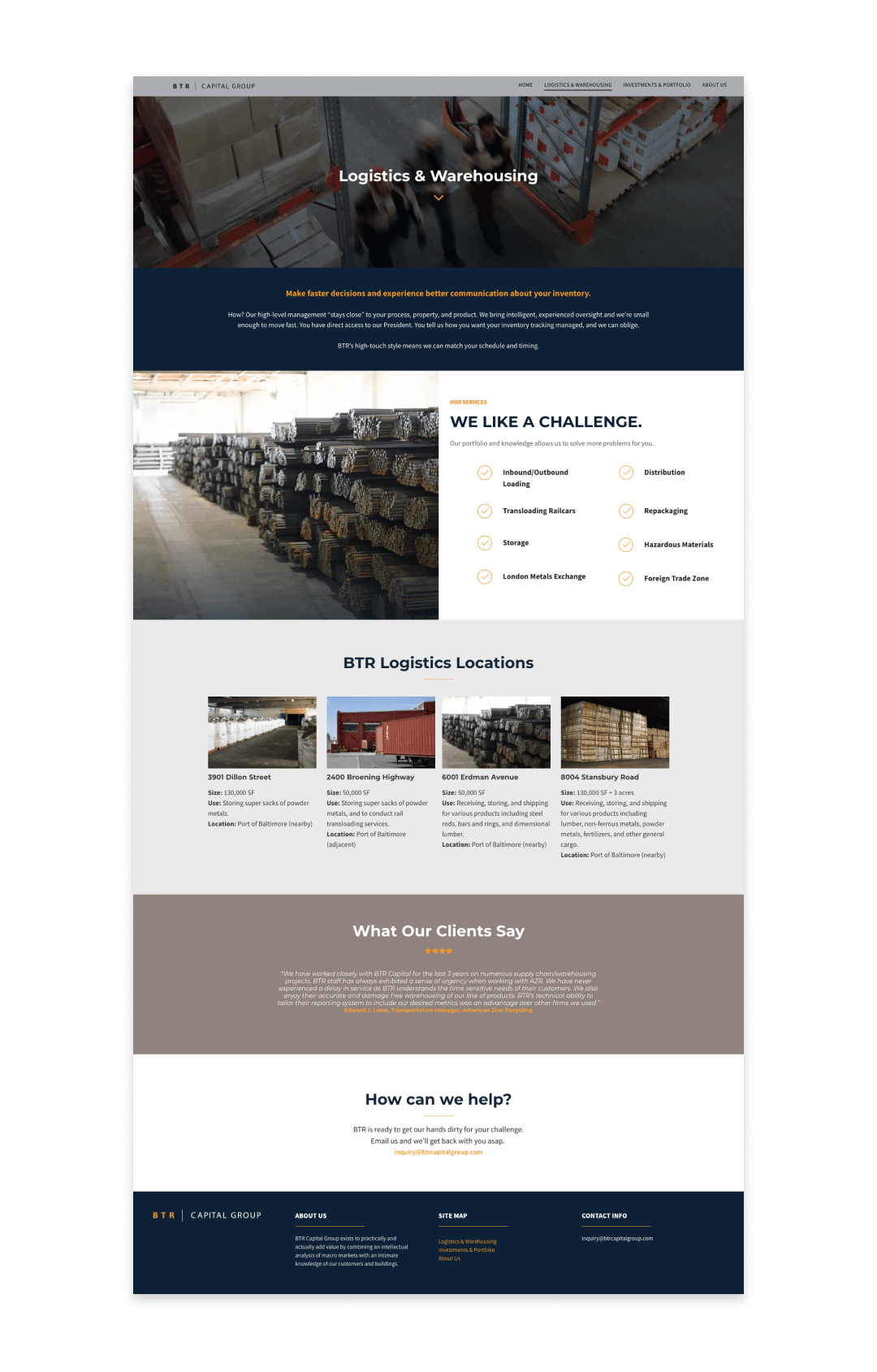 BTR Capital Group Website, Logistics and Warehousing Page