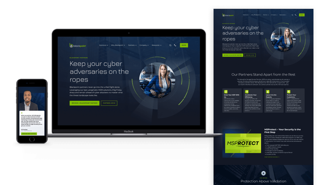 Blackpoint Cyber website Solutions page and subpages
